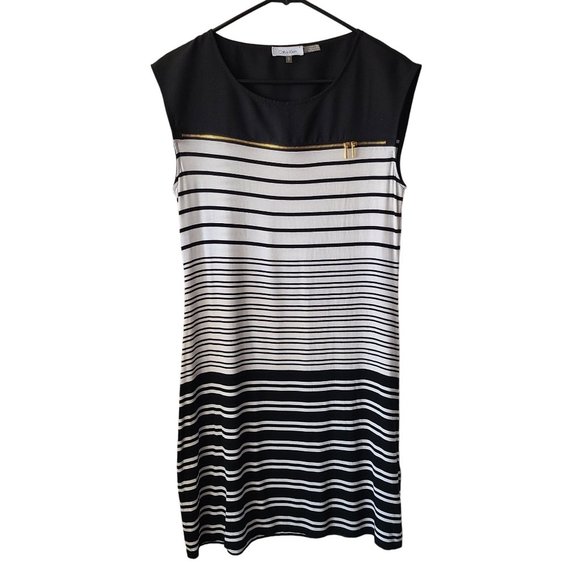 Calvin Klein US Women's Sz S Striped Mixed Media Cap Sleeve Career Dress Striped - Picture 1 of 11